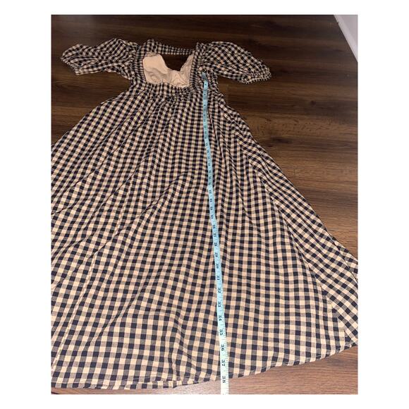 EUC DISSH Elm Chocolate Gingham Midi Dress Puff Sleeve Open Back Cotton Size 4 - Picture 7 of 16